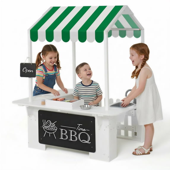 Outdoor Mud Kitchen with BBQ Toys, Kids Playhouse Role Play Set for Toddlers Ages 3-8, White, Backyard Kitchen with Grill, Stove & Accessories for Boys & Girls