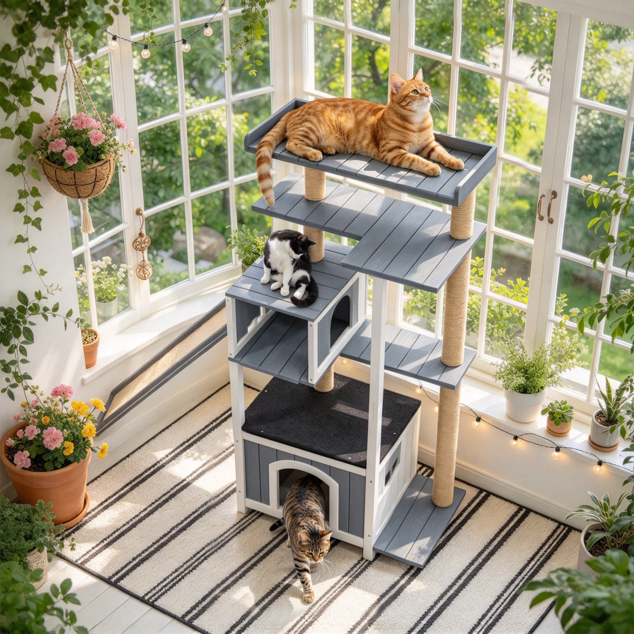 Cat Patio Multi Level Outdoor Multi-Level Cat Tree with Ramps & Sisal Posts, Cat Play Tower ...