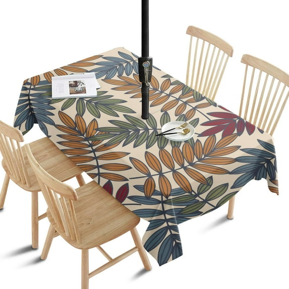 Outdoor Multicolored Leaves Tropical Botanical Rectangle Tablecloth with Umbrella Hole and Zipper,Fabric Washable Table Cover for Patio, Party, Picnic 60 X 84 Inch