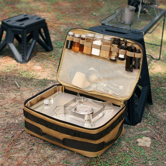 Outdoor Multifunctional Baking Tray Storage Bag, 15L Shockproof Picnic Set Organizer for Pots and Gas Tanks, Khaki Camping and Travel Storage