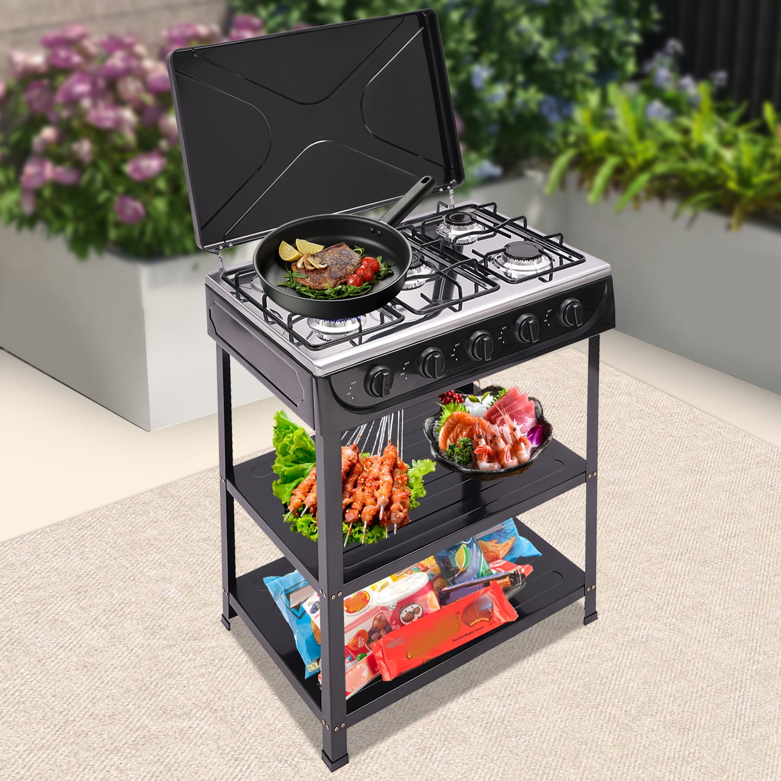 Outdoor Natural Gas Stove with 5 Burners, Portable Natural Gas Stove with 2-Tier Storage Rack for Outdoor Activities Such As Camping, Fishing, RV Travel, and Emergency Preparedness.