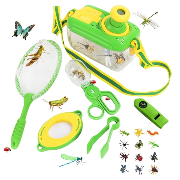 Outdoor Nature Explorer Kit for Adults, 6-Piece Insect Observation Set with Magnifier, Net, Tweezers, Whistle Compass for Backyard Gardening or Hiking (Green)