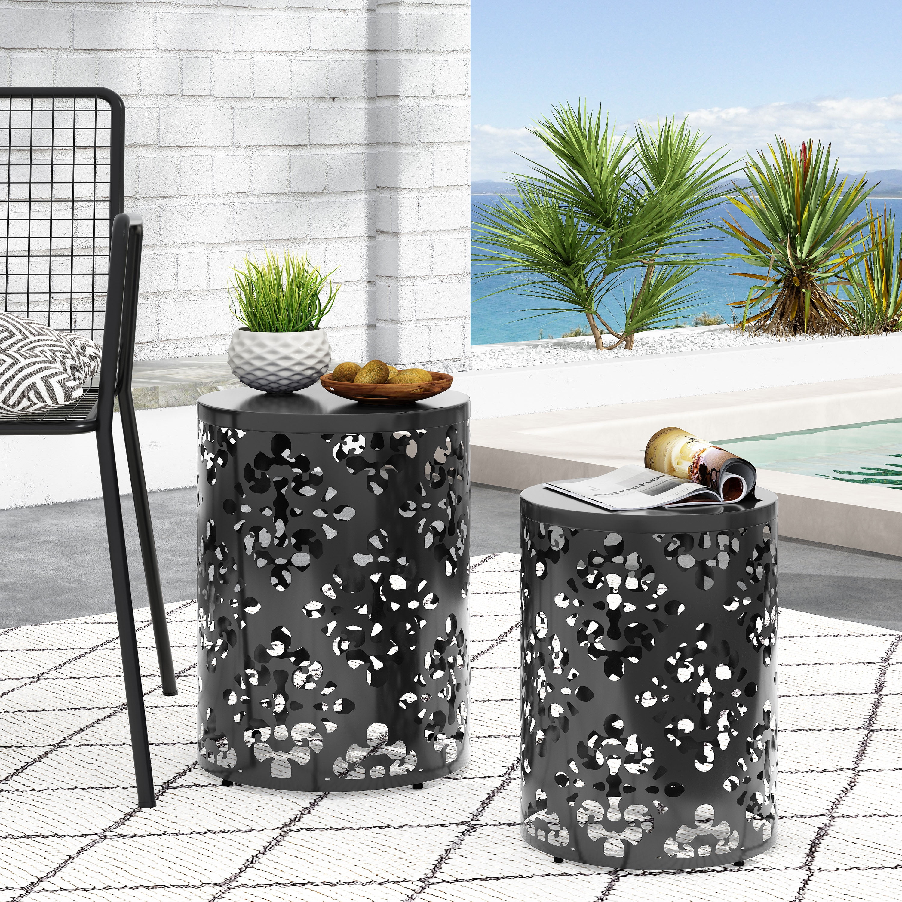 Outdoor Nesting Side Table Set of 2, Cylindrical Floral Pattern Structure for Patio Garden, Black