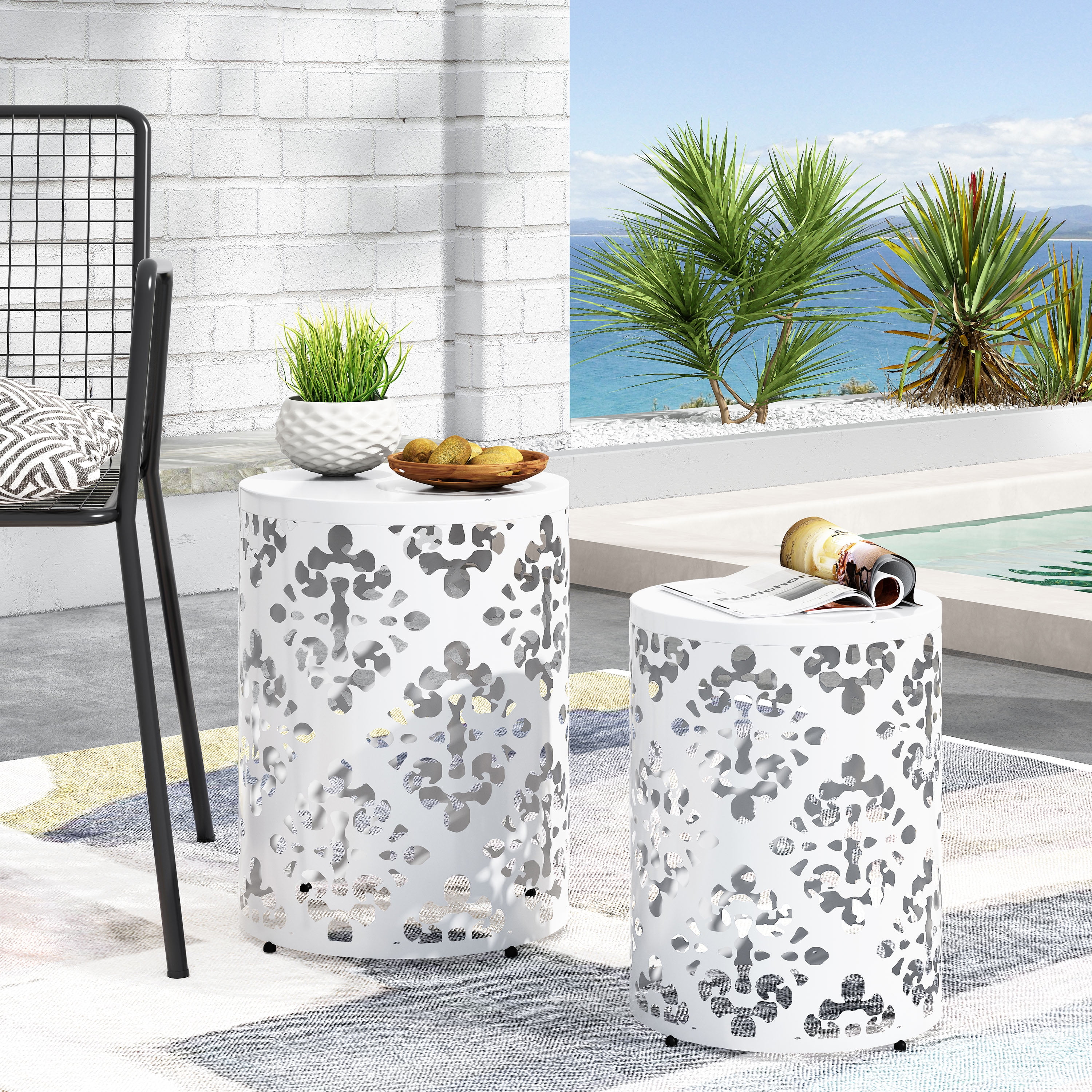 Outdoor Nesting Side Table Set of 2, Cylindrical Floral Pattern Structure for Patio Garden, White