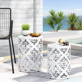 Outdoor Nesting Side Table Set of 2, Cylindrical Floral Pattern Structure for Patio Garden, White
