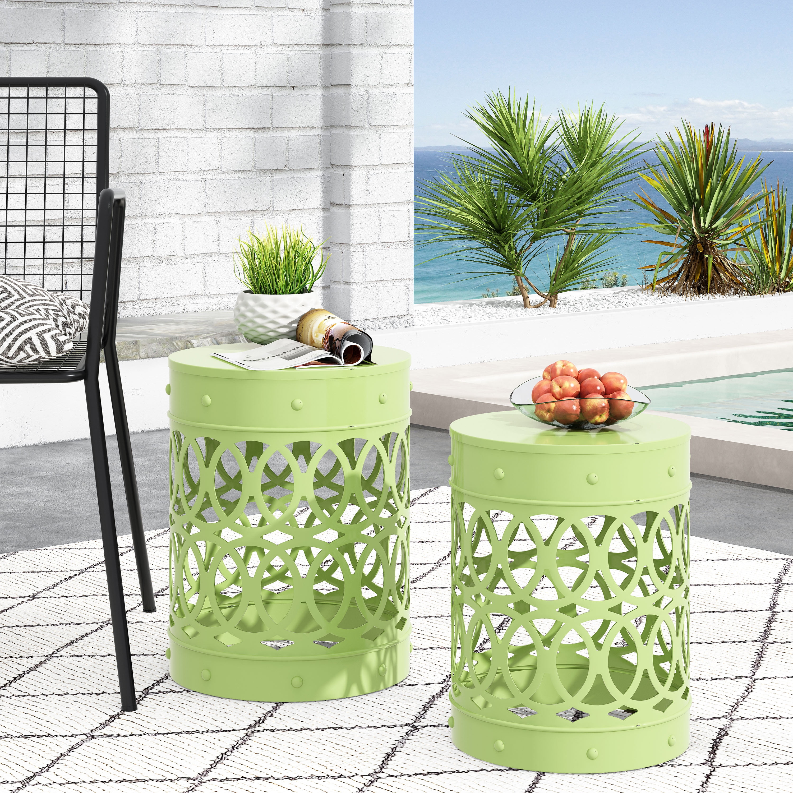 Outdoor Nesting Side Table Set of 2, Cylindrical Hollow Out Iron Structure for Patio Garden, Green