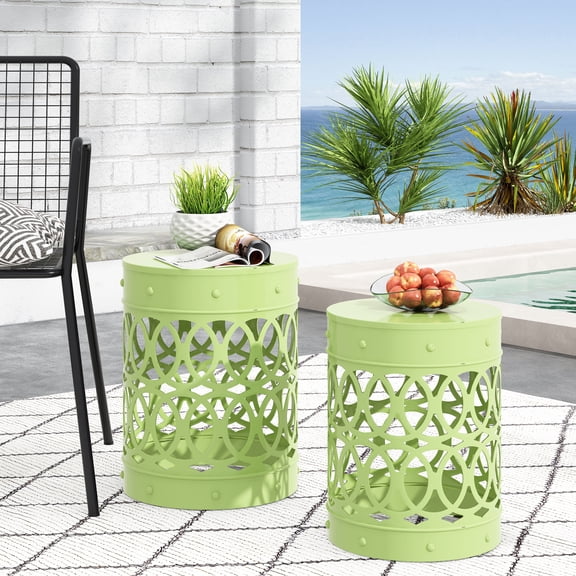 Outdoor Nesting Side Table Set of 2, Cylindrical Hollow Out Iron Structure for Patio Garden, Green