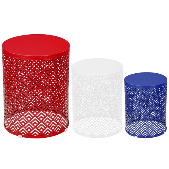 Outdoor Nesting Side Table Set of 3, Round Patio Accent Table, Metal Frame End Table for Indoor Outdoor, 12", 14", 16"H, Blue & White & Red