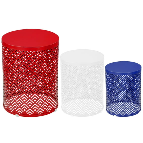 Outdoor Nesting Side Table Set of 3, Round Patio Accent Table, Metal Frame End Table for Indoor Outdoor, 12", 14", 16"H, Blue & White & Red
