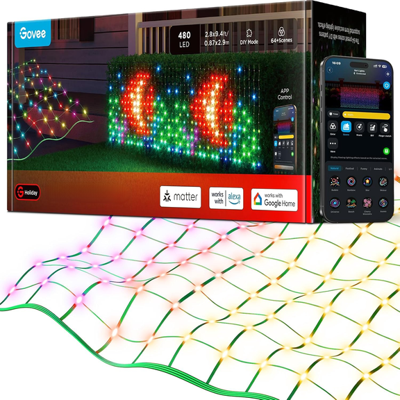 Outdoor Net Lights, 2.8*9.4ft with RGBIC and DIY Functions, 480 LEDs Smart Net Lights with 64 Modes for Bush Patio Decor, Compatible with Alexa & Google Assistant, Outdoor Waterproof, Green Wire