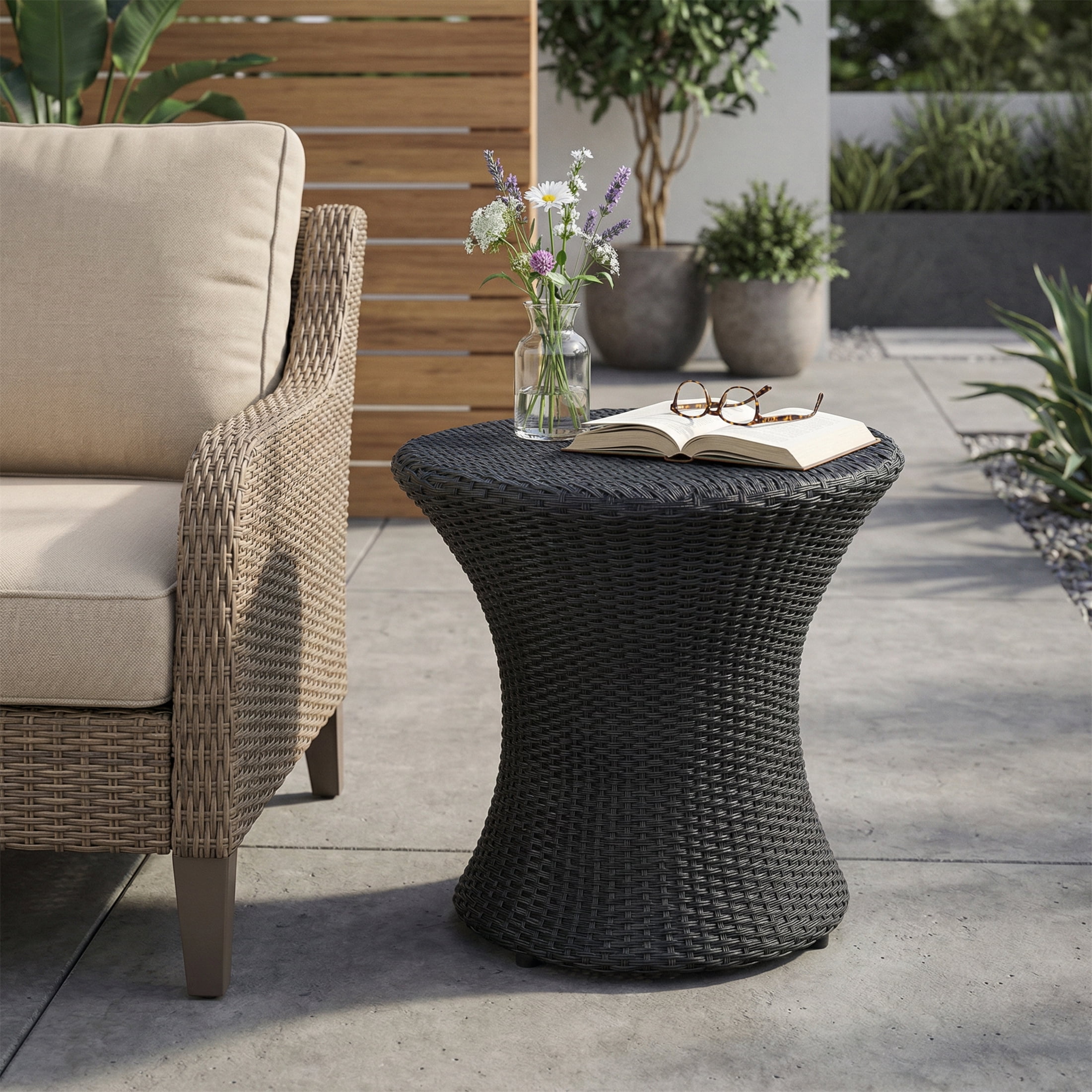 Outdoor No Glass Top Hourglass Rattan Side Table for Patio Balcony Garden, Black