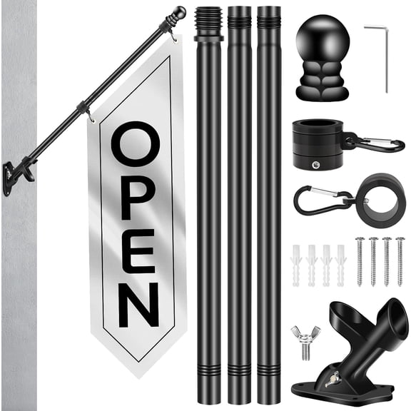 Outdoor Open Sign with Pole-Mounting Kit, Double-Sided Heavy Duty Open Banner for Business, Three-ply Advertising Open Flag with Bracket for Retail Storefront & Shops (White, 41x12 Inch)