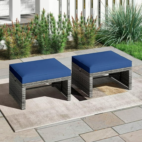 Outdoor Ottoman, Set of 2 Patio Wicker Footstools, All-Weather Rattan Foot Stool w/Cushions, Foot Rest Extra Seating for Balcony, Porch, Deck, Poolside (Navy)