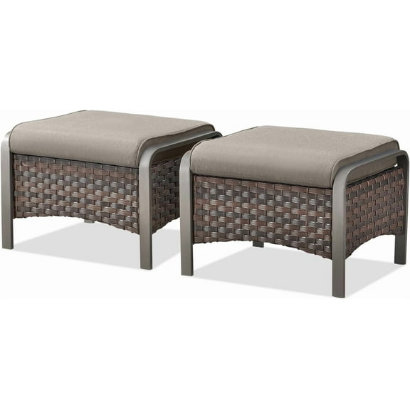 Outdoor Ottomans for Patio - 250 LBS Weight Capacity PE Wicker Foot Rest Ottoman Set of 2 with Metal Frame Multipurpose Outdoor Foot Stool for Porch Balcony Backyard Brown Wicker Grey Cushions