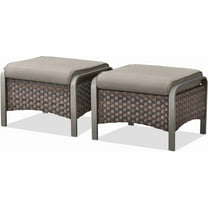 Outdoor Ottomans for Patio - 250 LBS Weight Capacity PE Wicker Foot Rest Ottoman Set of 2 with Metal Frame Multipurpose Outdoor Foot Stool for Porch Balcony Backyard Brown Wicker Grey Cushions