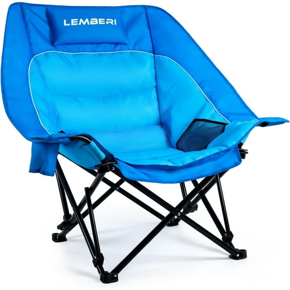 Outdoor Oversized Camping Chair, Heavy Duty Support 500 LBS for Adults, Portable Folding Wide Lawn Chair with Headrest Support and Cup Holder, Low Camping Chair for Fishing, Garden, Blue