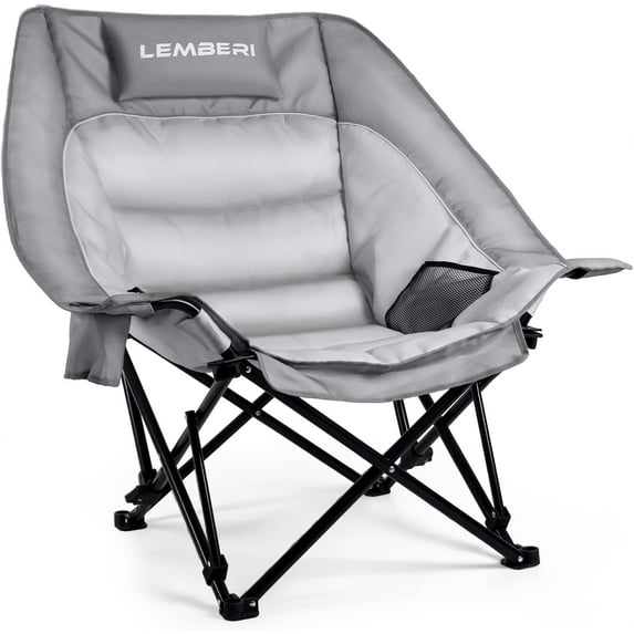 Outdoor Oversized Camping Chair, Heavy Duty Support 500 LBS for Adults, Portable Folding Wide Lawn Chair with Headrest Support and Cup Holder, Low Camping Chair for Fishing, Garden, Grey