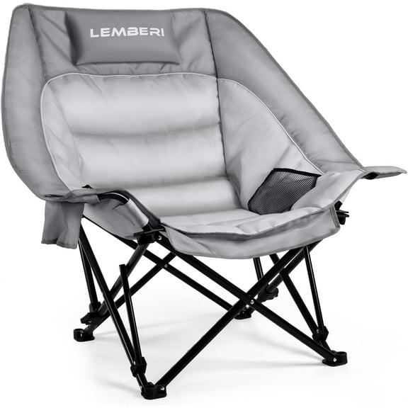 Outdoor Oversized Camping Chair, Heavy Duty Support 500 LBS for Adults, Portable Folding Wide Lawn Chair with Headrest Support and Cup Holder, Low Camping Chair for Fishing, Garden, Grey