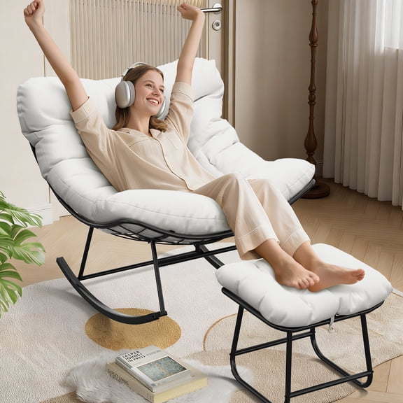 Outdoor Oversized Papasan Rocking Chair with Ottoman, All-Weather Wicker Egg Lounge Chair with Sturdy Metal Frame, Premium Comfort & Superior Drability for Patio, Balcony, Porch & Bedroom
