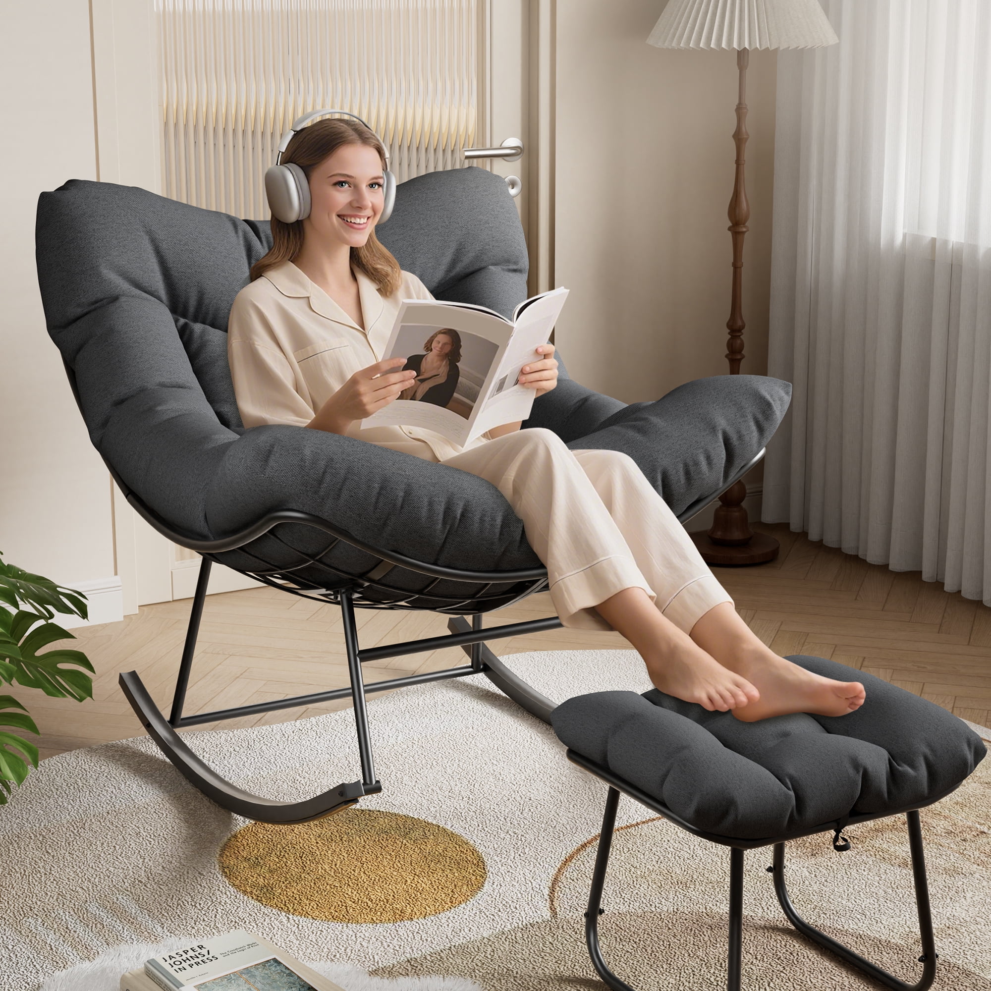 Outdoor Oversized Rocking Chair With Footrest, Patio Lounge Chair With ...