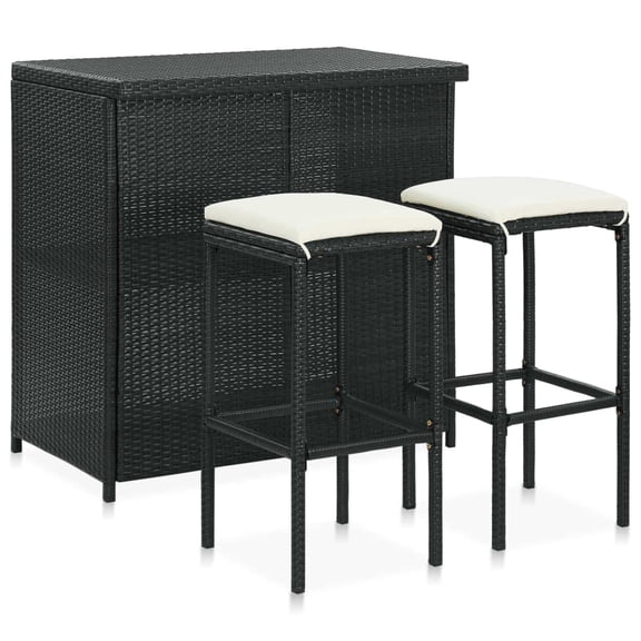Outdoor PE Rattan 3 Piece Bar Set, Steel Frame High Top Table With Storage Shelves, Cushion Stools With Built In Footrest, Backyard Bistro Set For Patio Garden Balcony, Black