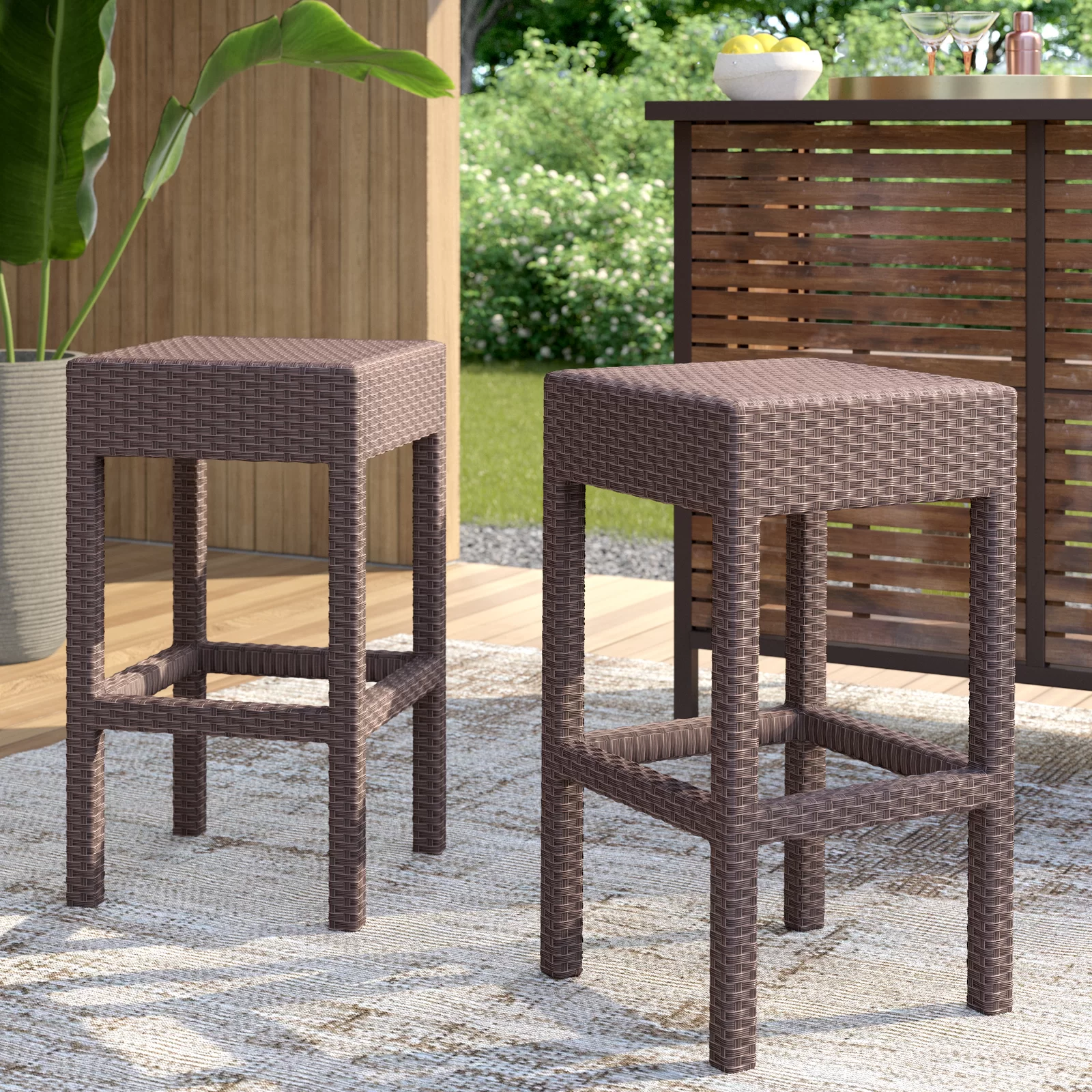 Outdoor PE Rattan Backless Bar Stool Set of 2, Simple Height Leisure Seats for Patio Bar, Dark Brown