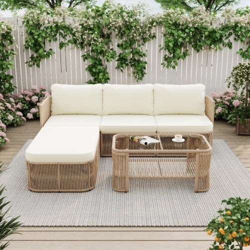 Outdoor PE Rattan Patio Furniture Set, Wicker Conversation Sofa, Modular Sectional Seating Group with Cushions, for Garden Backyard Deck Porch, Beige