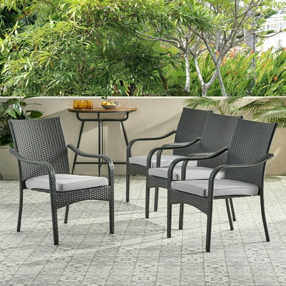 Outdoor PE Rattan Stacking Chair with Iron Frame and Cushions(Set of 4), Grey Wicker