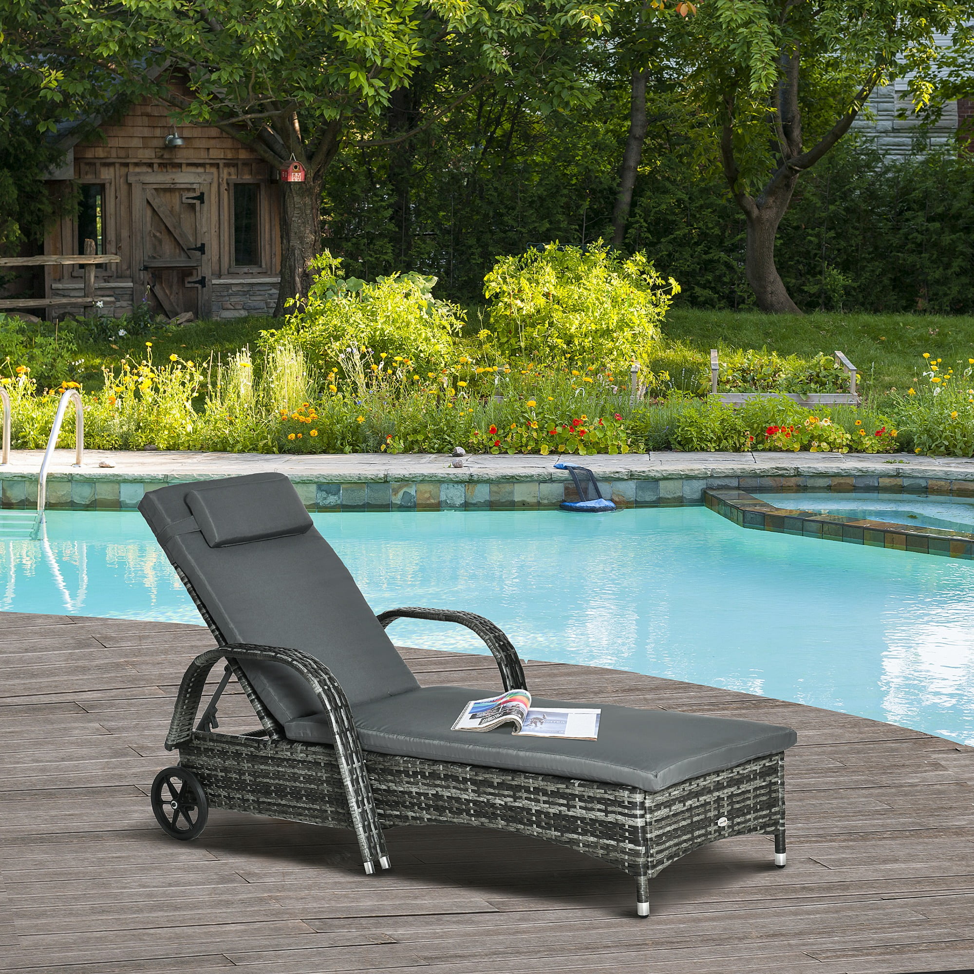 Gray Wicker Outdoor Chaise Lounge with Adjustable Backrest and Cushion
