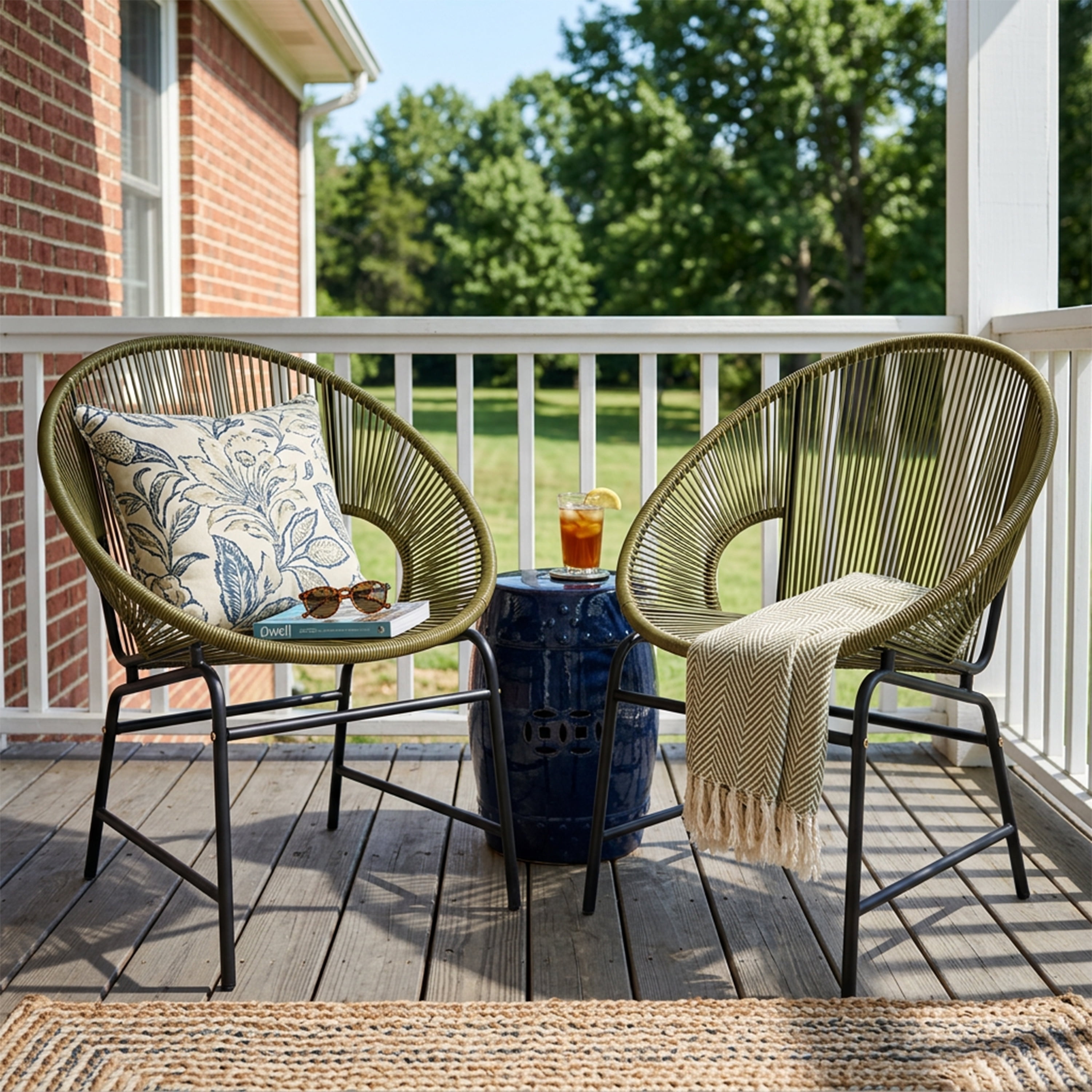 Outdoor PE Rattan Wicker Chairs Set of 2 with Iron Frame for Garden Porch Balcony, Green