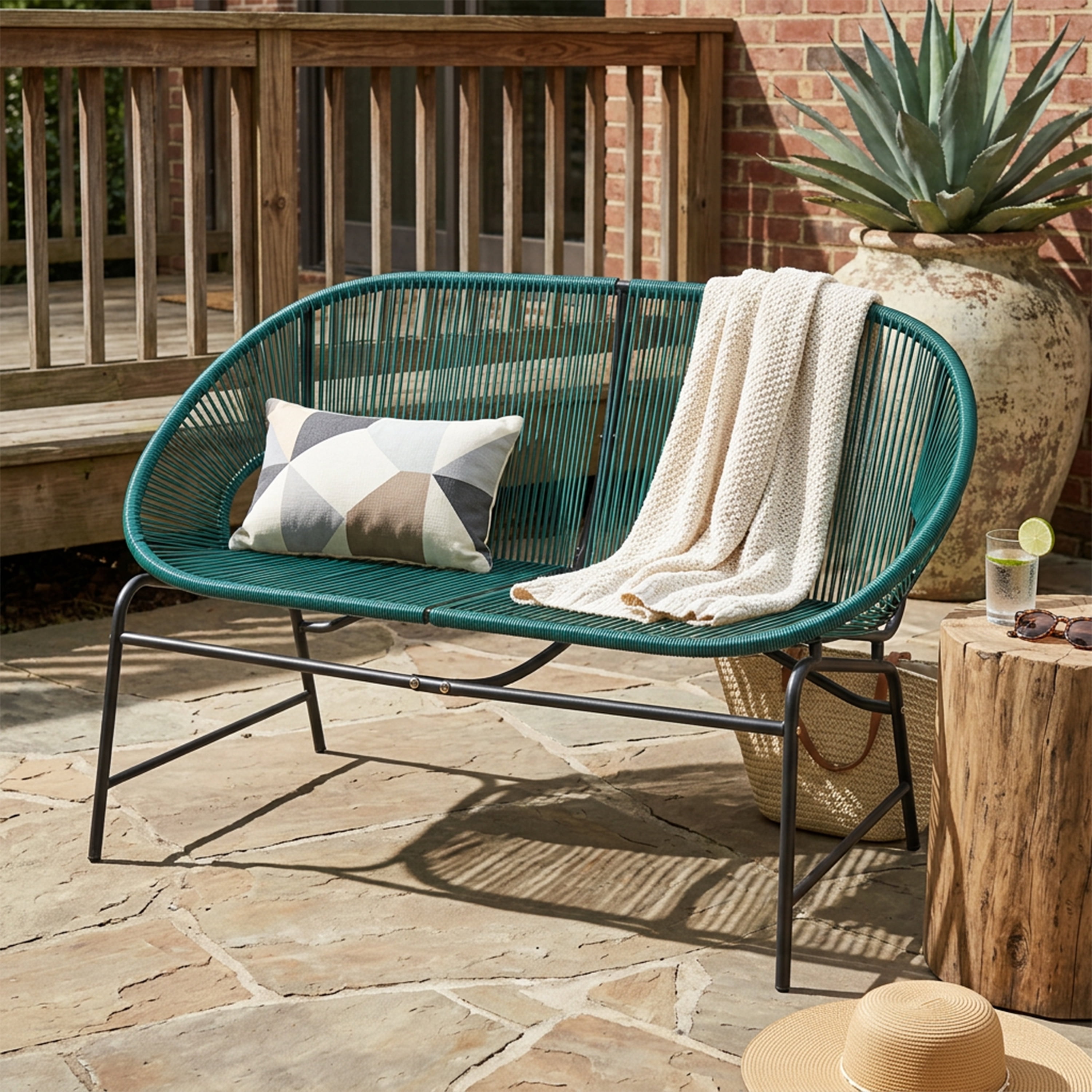 Outdoor PE Rattan Wicker Loveseat with Iron Frame for Porch Garden Balcony, Teal