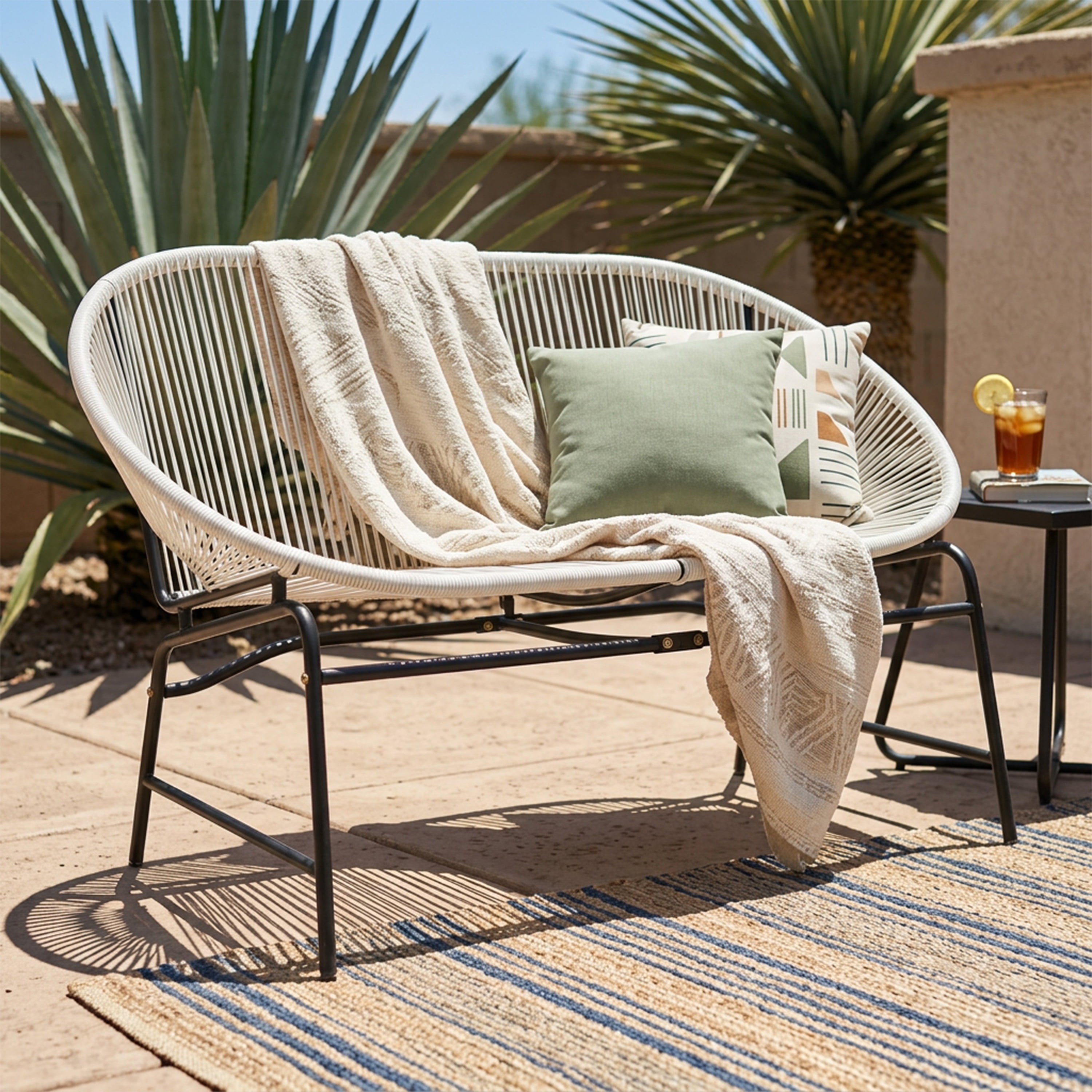 Outdoor PE Rattan Wicker Loveseat with Iron Frame for Porch Garden Balcony, White