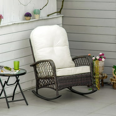 Outdoor PE Rattan Wicker Recliner Rocker Chair w/ Soft Cushion for Garden