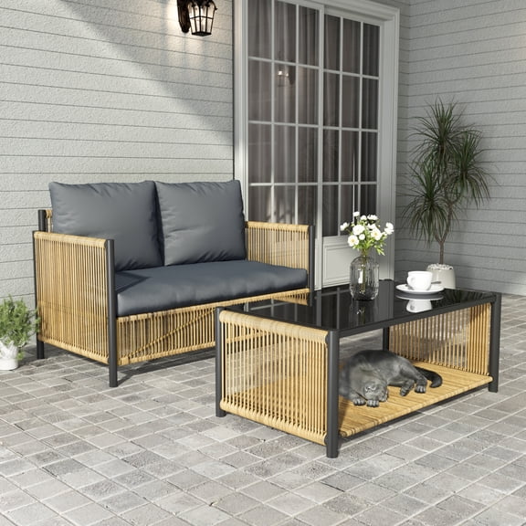 Outdoor PE Wicker 2-Seat Sofa and Table Set, Grey Removable Cushions, Black Tempered Glass Coffee Table with Storage Shelf for Small Balcony Patio