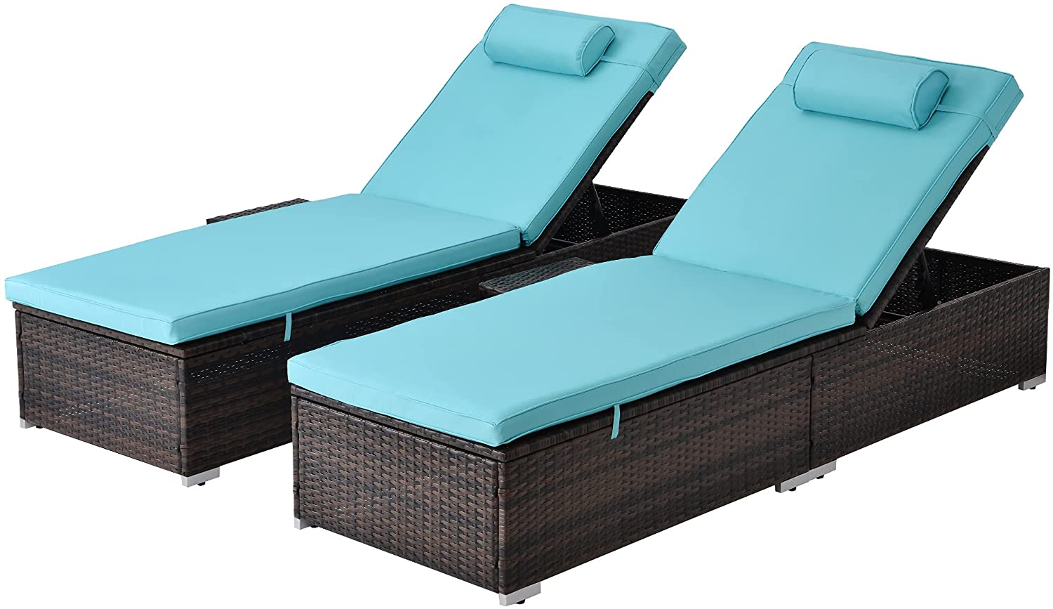 Outdoor PE Wicker Chaise Lounge, 2 Piece Patio Brown Rattan Reclining Chair Furniture Set, Adjustable Backrest Recliners with Side Table and Comfort Head Pillow(Blue) - image 1 of 18