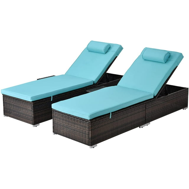 Outdoor PE Wicker Chaise Lounge, 2 Piece Patio Brown Rattan Reclining Chair Furniture Set, Adjustable Backrest Recliners with Side Table and Comfort Head Pillow(Blue)