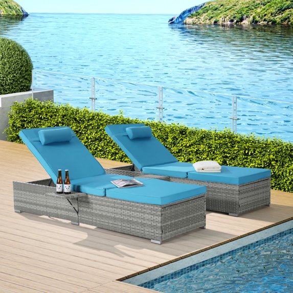 Outdoor PE Wicker Chaise Lounge Chair Set Of 2 with Adjustable Backrest, Patio Rattan Reclining Chair with Thick Cushion, Headrest, Shelf & Steel Frame, Weather Proof and Anti-UV, Sky Blue