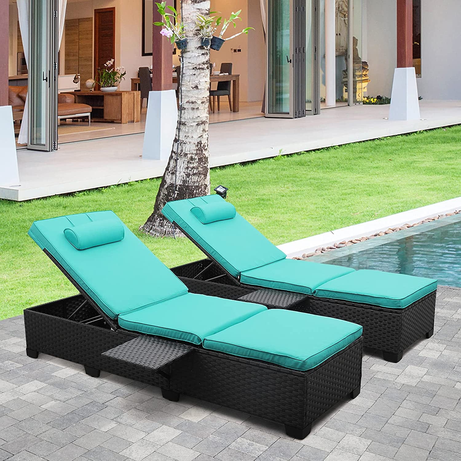 Outdoor PE Wicker Chaise Lounge for Outside 2 Piece Patio Set Black