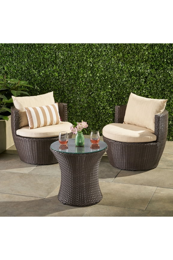 Outdoor PE Wicker Chat Set with 2 Chairs and Side Table – Includes Cushions, No Assembly Required