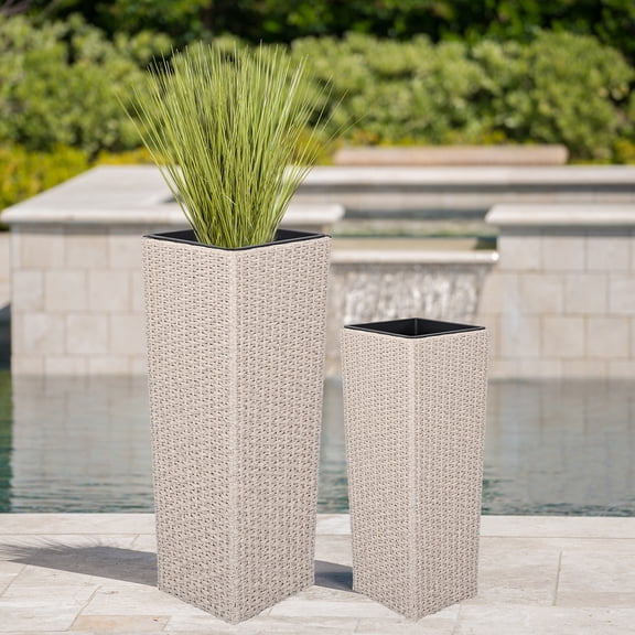 Outdoor PE Wicker Flower Pots, 2-Pcs Set, Beige