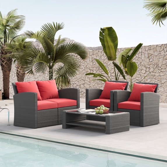 4 Pieces Patio Conversation Set, Outdoor Furniture Set with Cushion, Outside Sectional Rattan Wicker Sofa for Garden, Porch, Backyard, Red