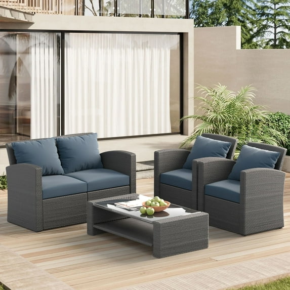 4 Pieces Patio Conversation Set, Outdoor Furniture Set with Cushion, Outside Sectional Rattan Wicker Sofa Furniture Set for Garden, Porch, Backyard, Gray