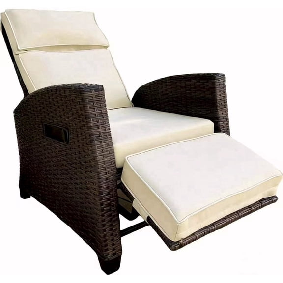 Outdoor PE Wicker Recliner Chair with Retractable Footrest, Adjustable Patio Lounge Chair with Removable Beige Cushions, All-Weather Rattan Armchair for Backyard, Balcony, Poolside