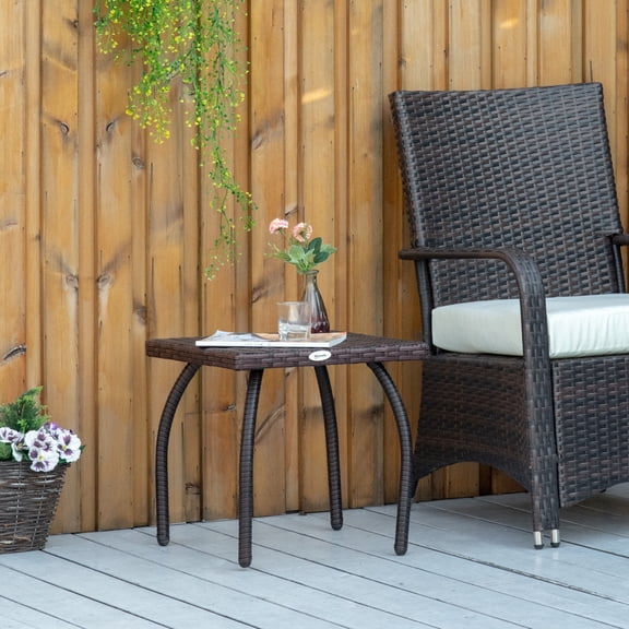 Outdoor PE Wicker Side Table Brown Steel Frame Small Square Rattan End Table All-Weather Coffee Table for Garden Balcony Backyard Patio