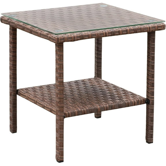 Outdoor PE Wicker Side Table Patio Rattan Garden Coffee End Square Table with Glass Top 2-Layer Table Furniture (Brown)