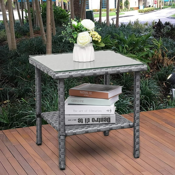 Outdoor PE Wicker Side Table - Patio Rattan Garden Coffee End Square Table with Glass Top-2-layer Table Furniture, Grey