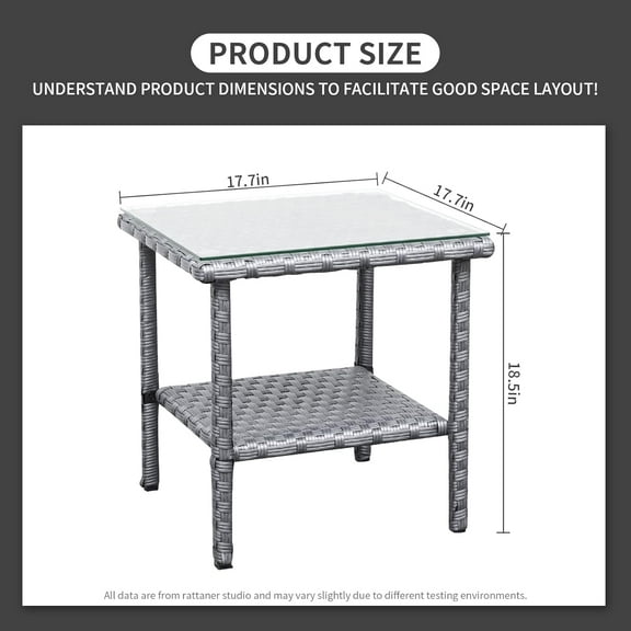 Outdoor PE Wicker Side Table - Rattan Garden Coffee End Square Table with Glass Top-2-layer Table Furniture, Grey