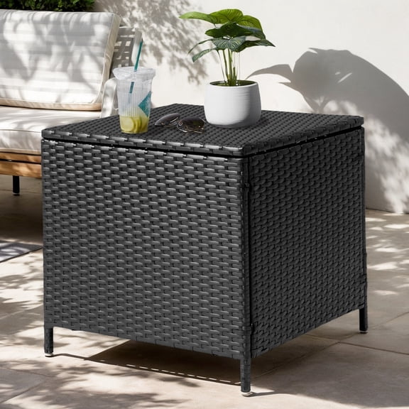 Outdoor PE Wicker Side Table with Storage Container, Square, Black