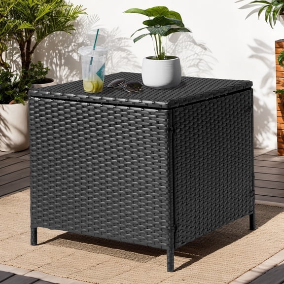 Outdoor PE Wicker Side Table with Storage Container, Square, Black