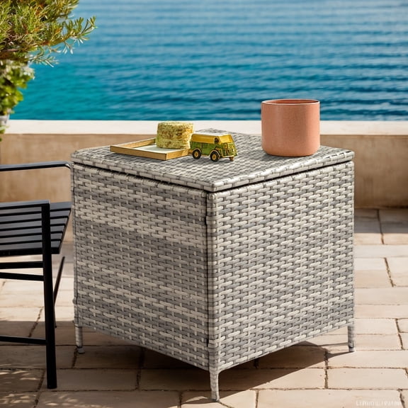 Outdoor PE Wicker Side Table with Storage Container, Square, Grey